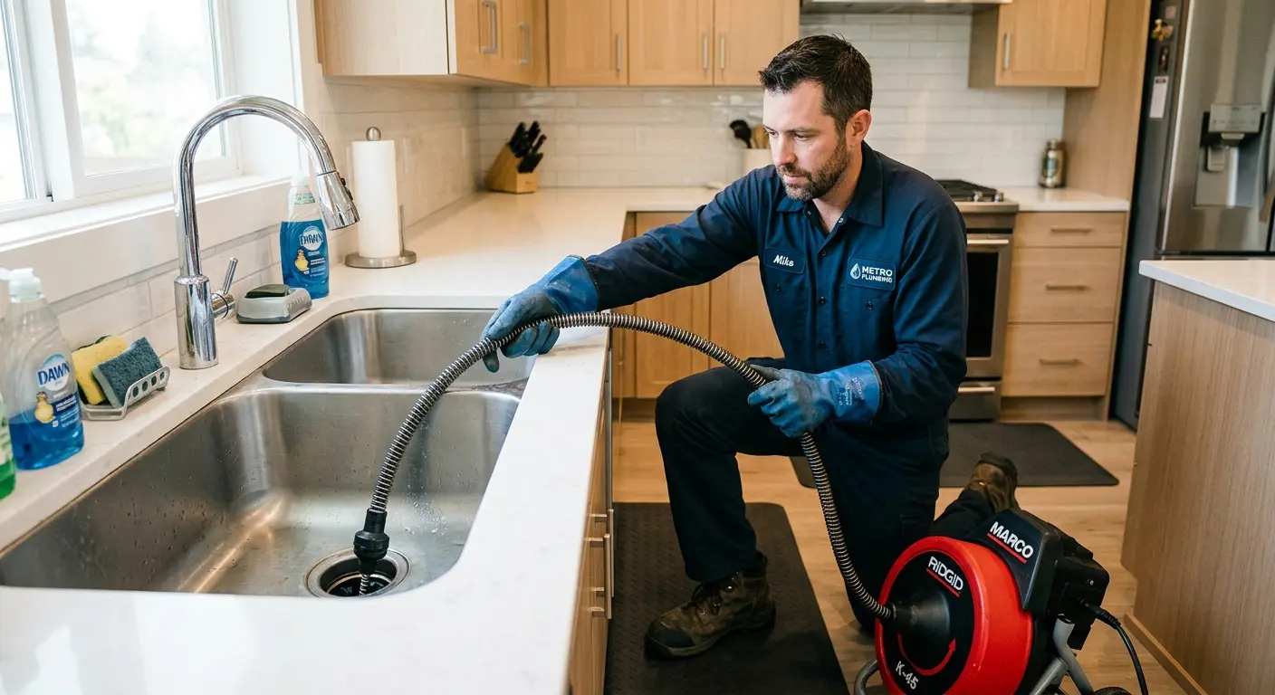 Drain cleaning technician using a motorized snake on a kitchen sink in Pikeville
