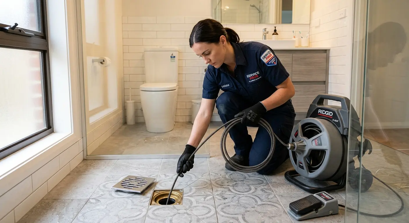 Technician clearing a bathroom floor drain for Sewer Line Installation in Pikeville